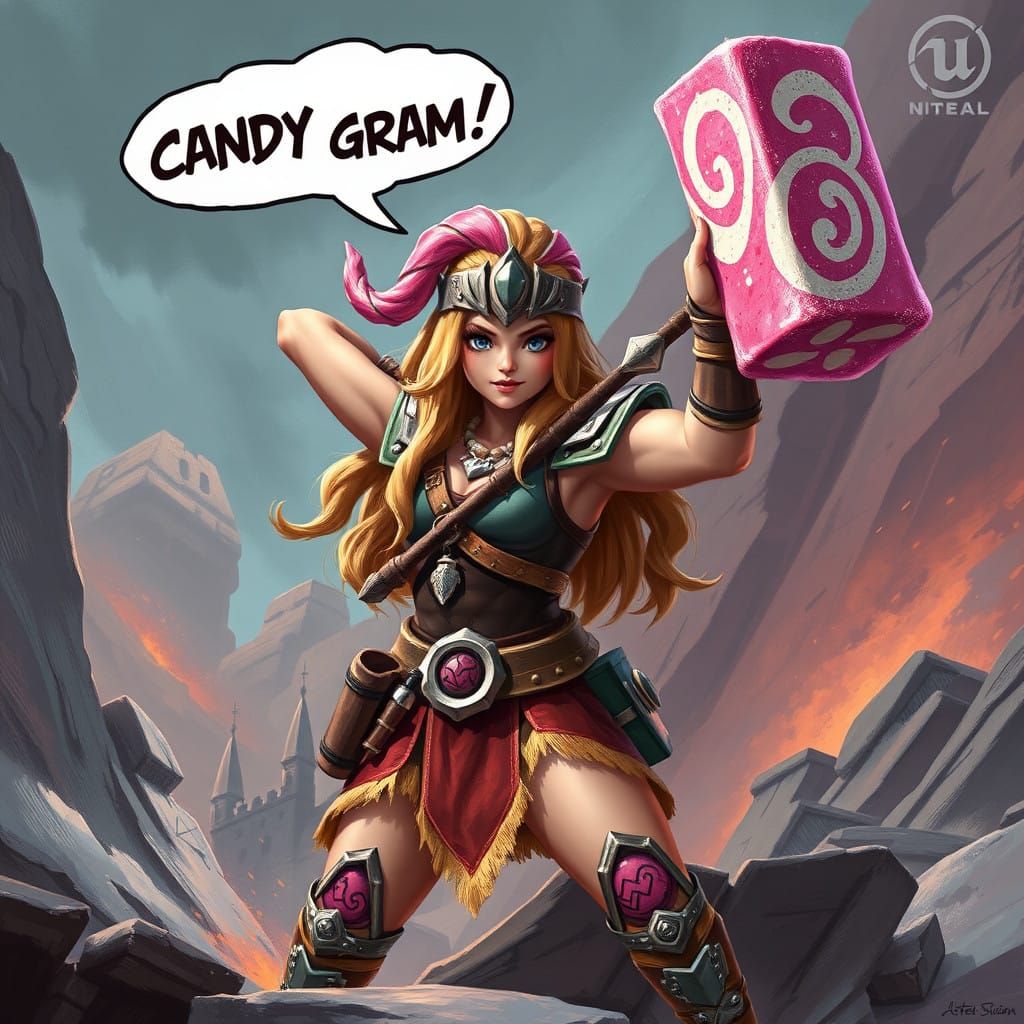 Girly Barbarian Warrior Princess Raises Candy War Hammer