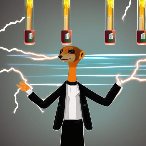 meerkat as mad scientist with lightning rays coming from his...