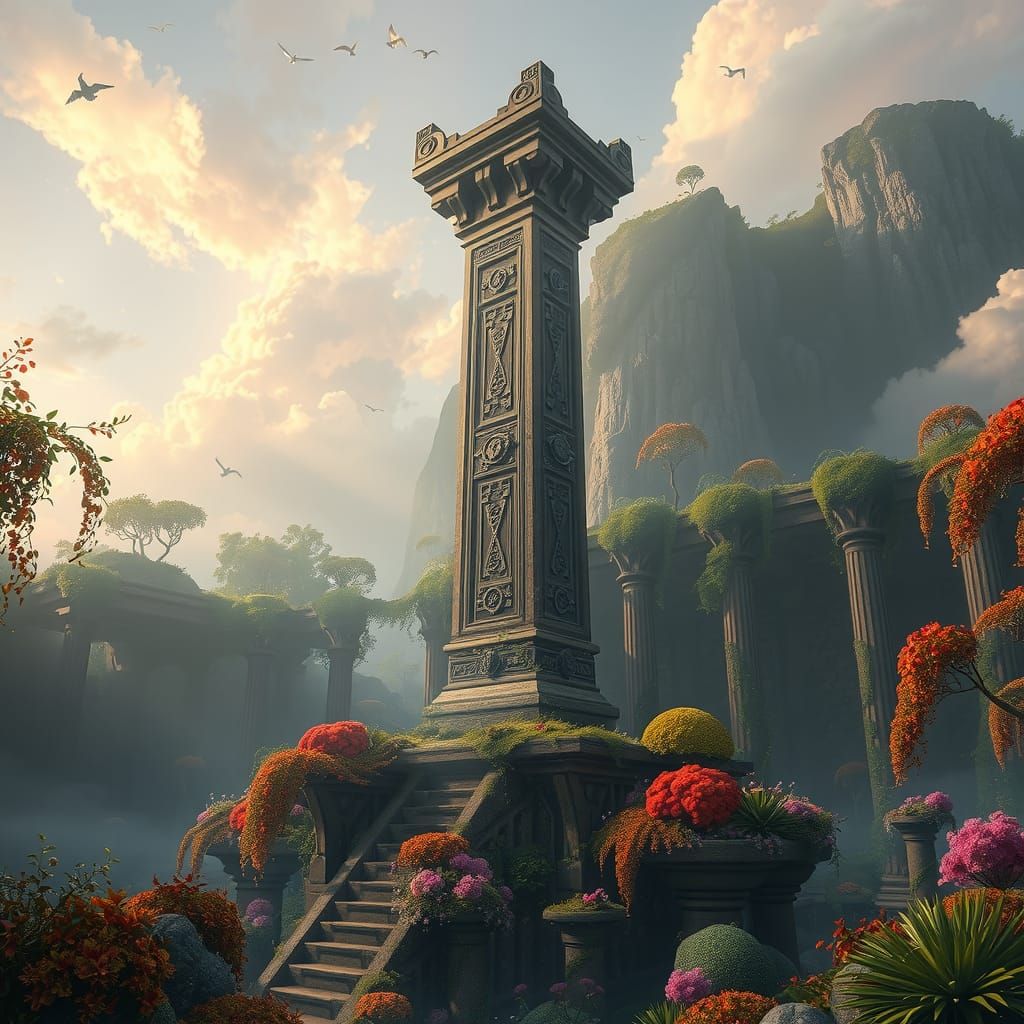 Mystical Pillar in Ancient Ruined Temple