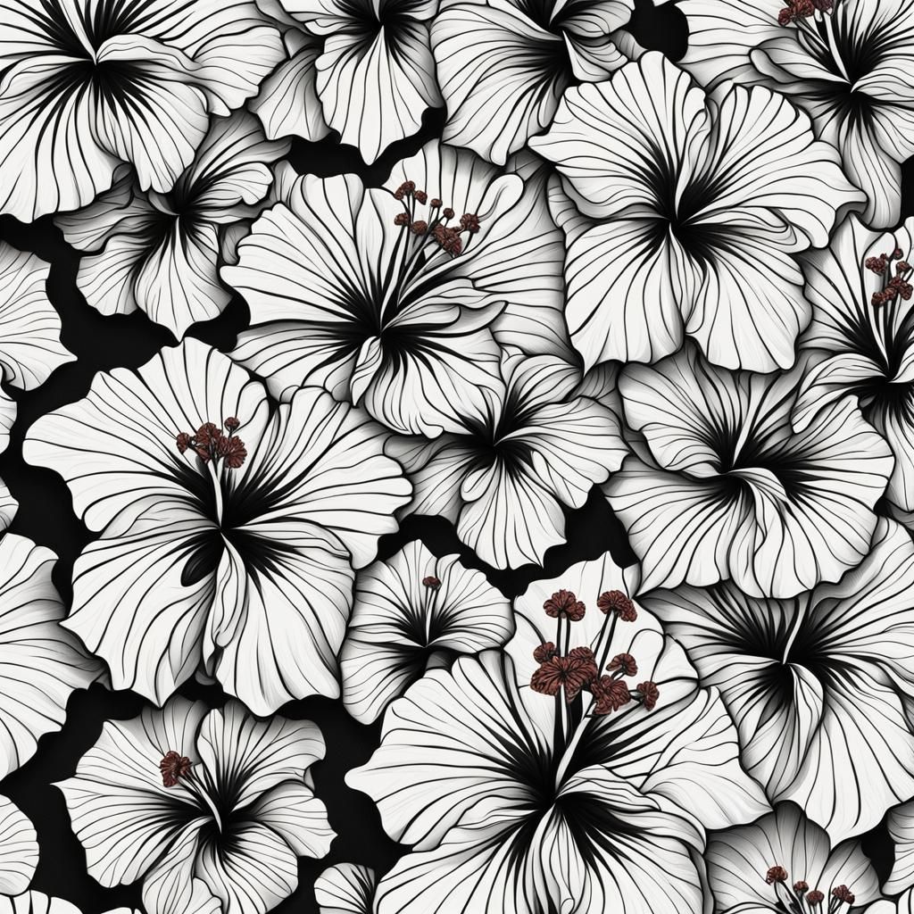 Black and White Hibiscus Flower Tessellation