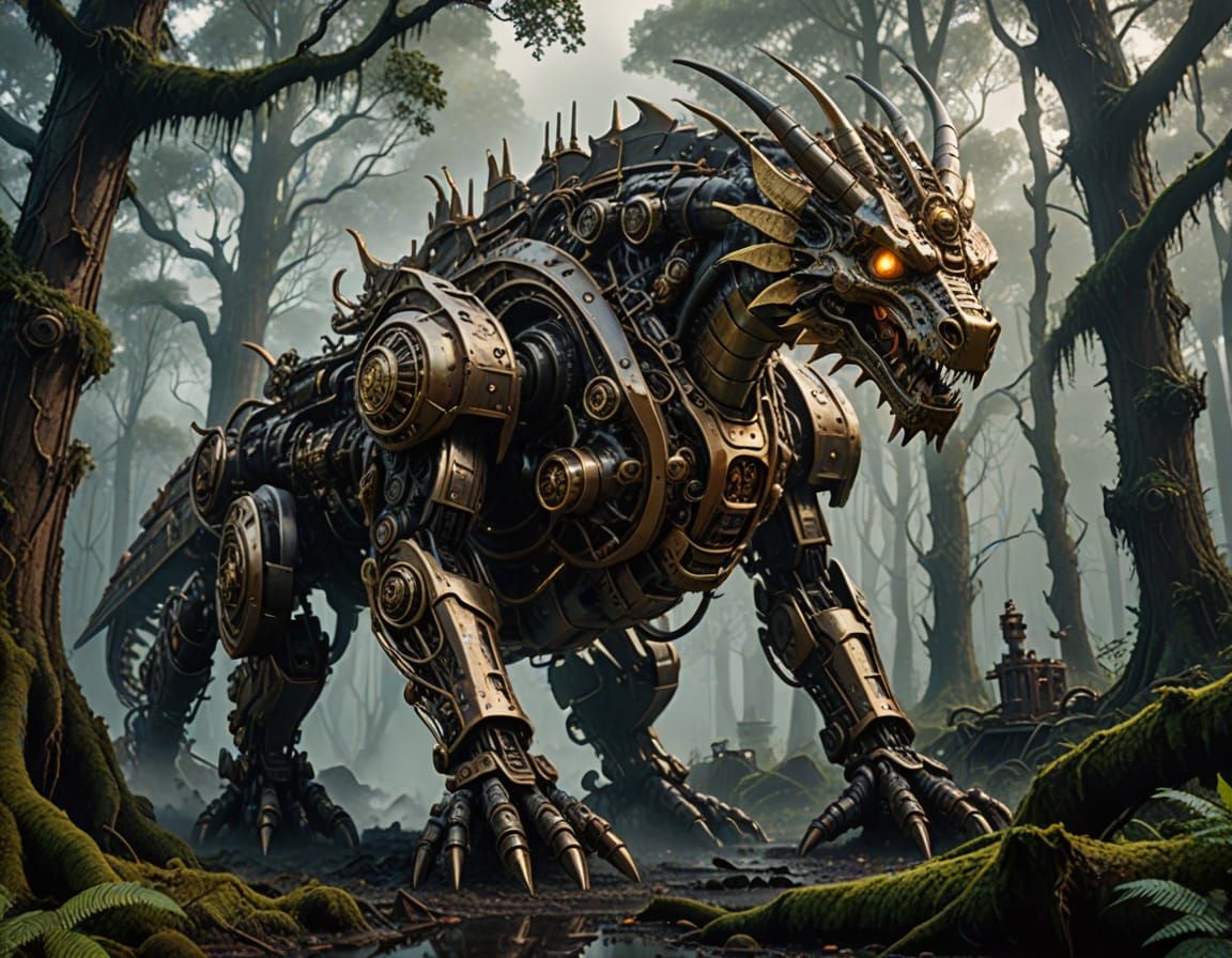 Melted Steampunk Dragon Mecha in Misty Forest
