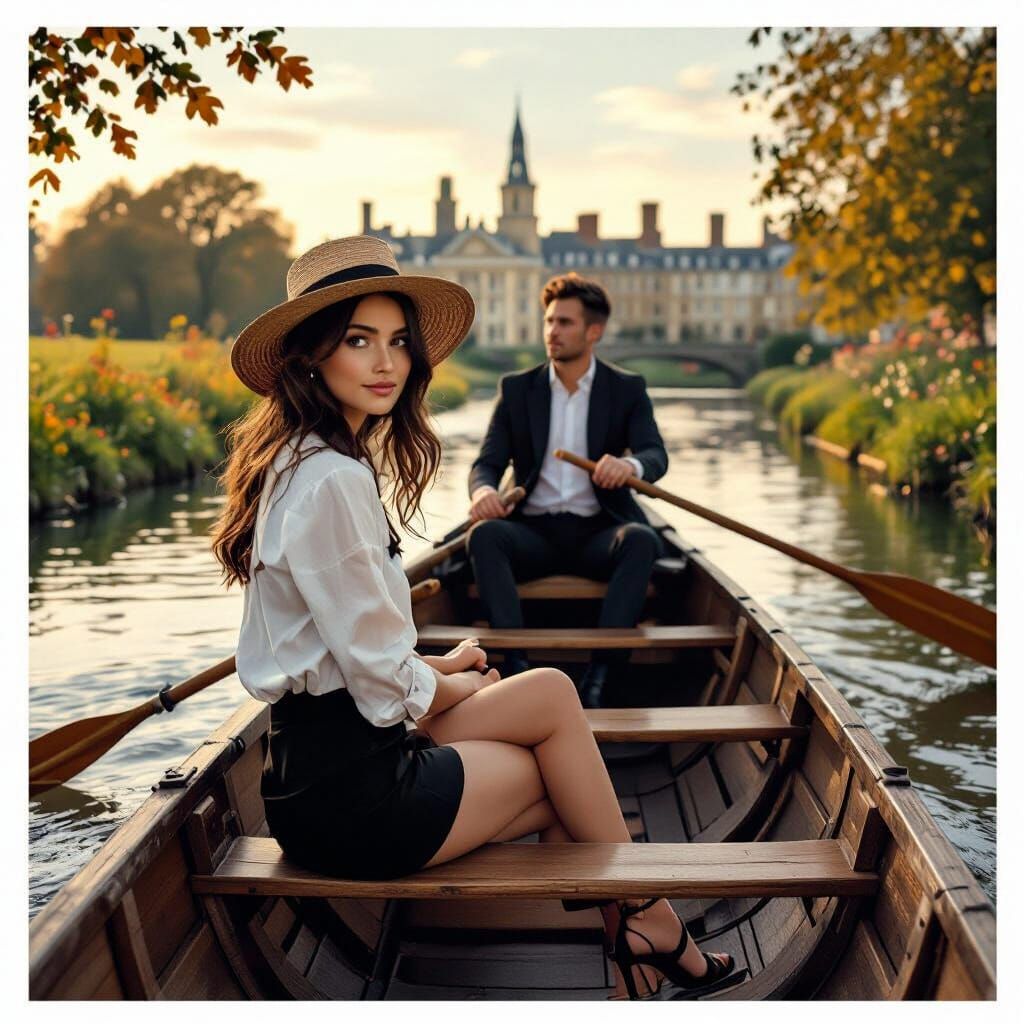 Couple Punting on Cambridge River in Autumn