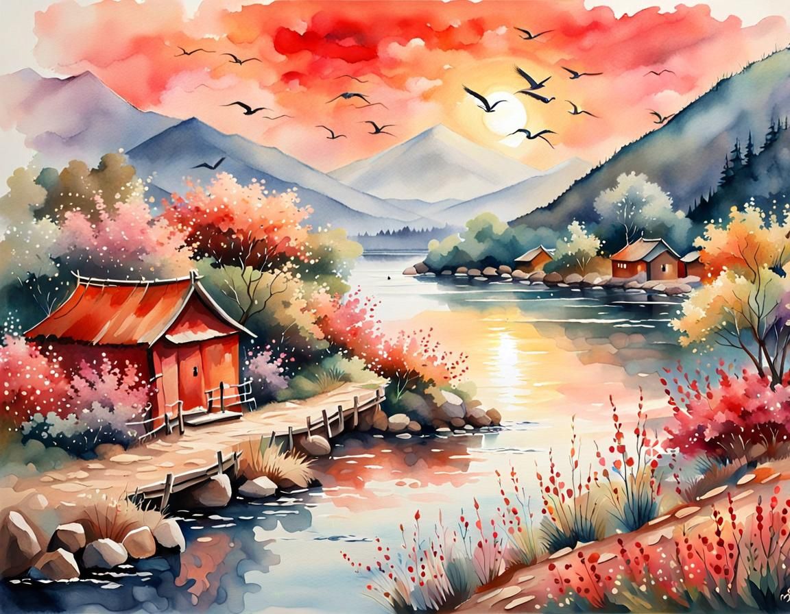 Pastel Watercolor of Sailboat on River at Sunset