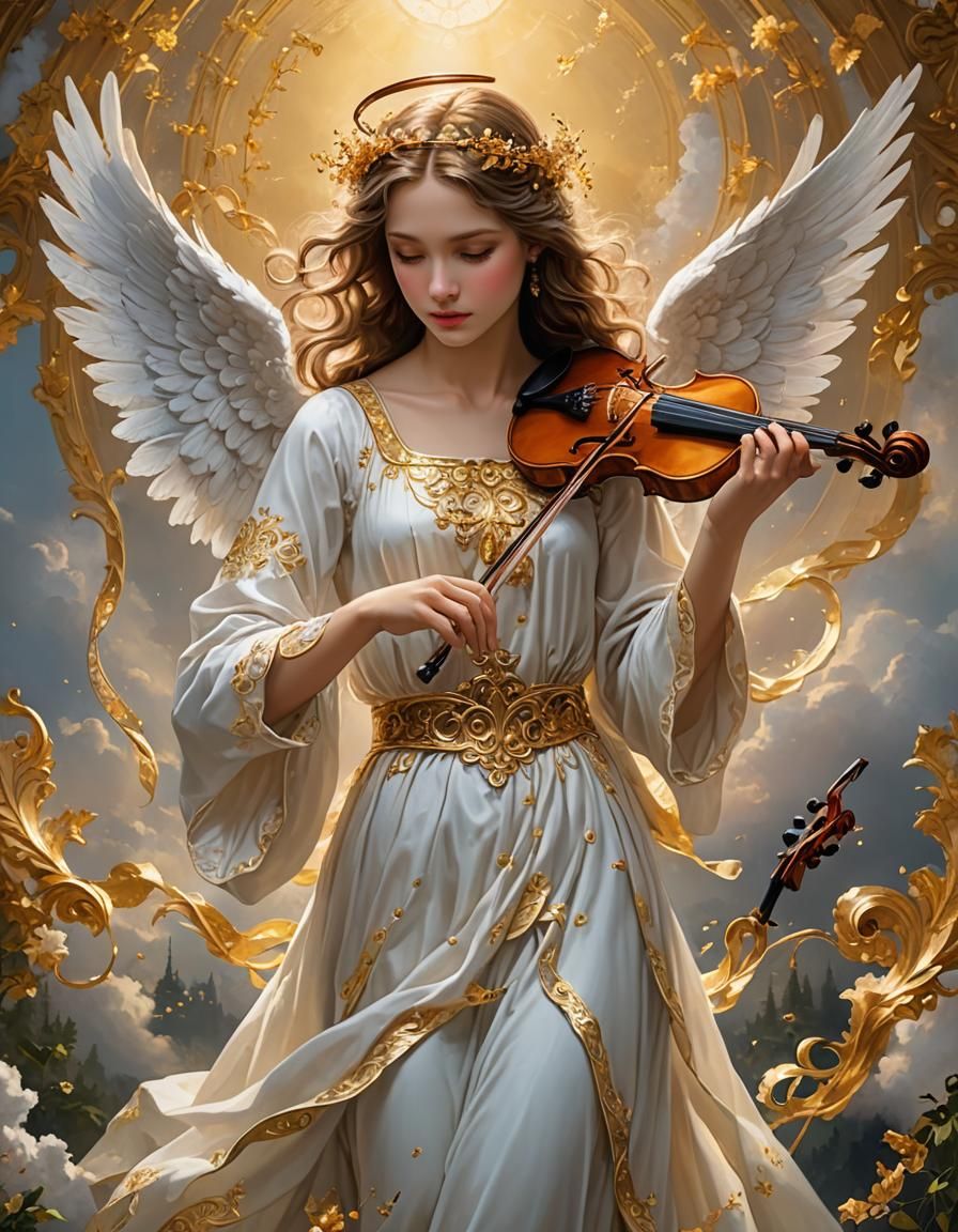 Angel Presents Golden Violin in Heavenly World