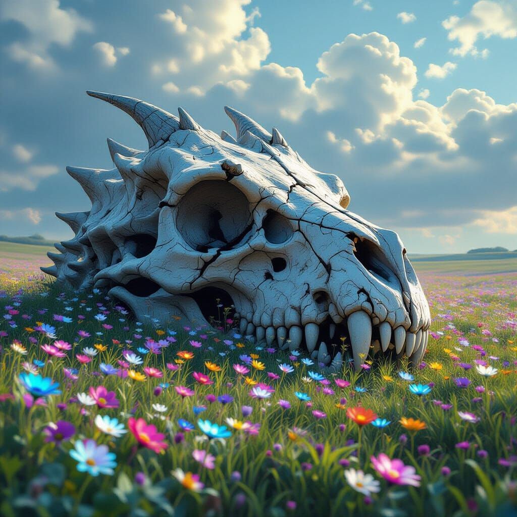 Dragon Skull in Luminous Flower Field