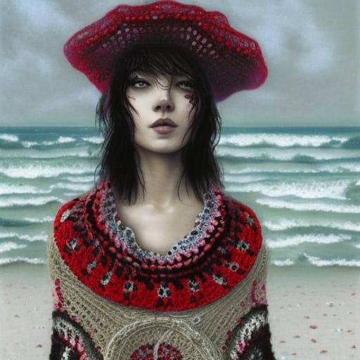Dreaming Woman with Crochet Balaclava, Dark Fantasy Art