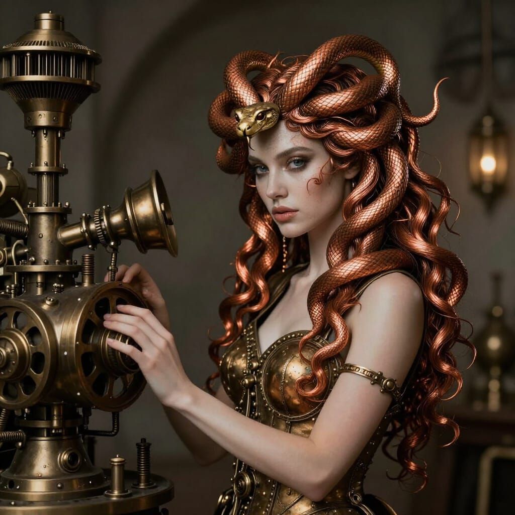 Steampunk Medusa with Copper Snake Hair and Engine