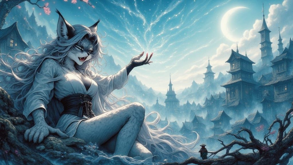 Anthropomorphic Caracal in Starlit Cherry Blossom Dojo