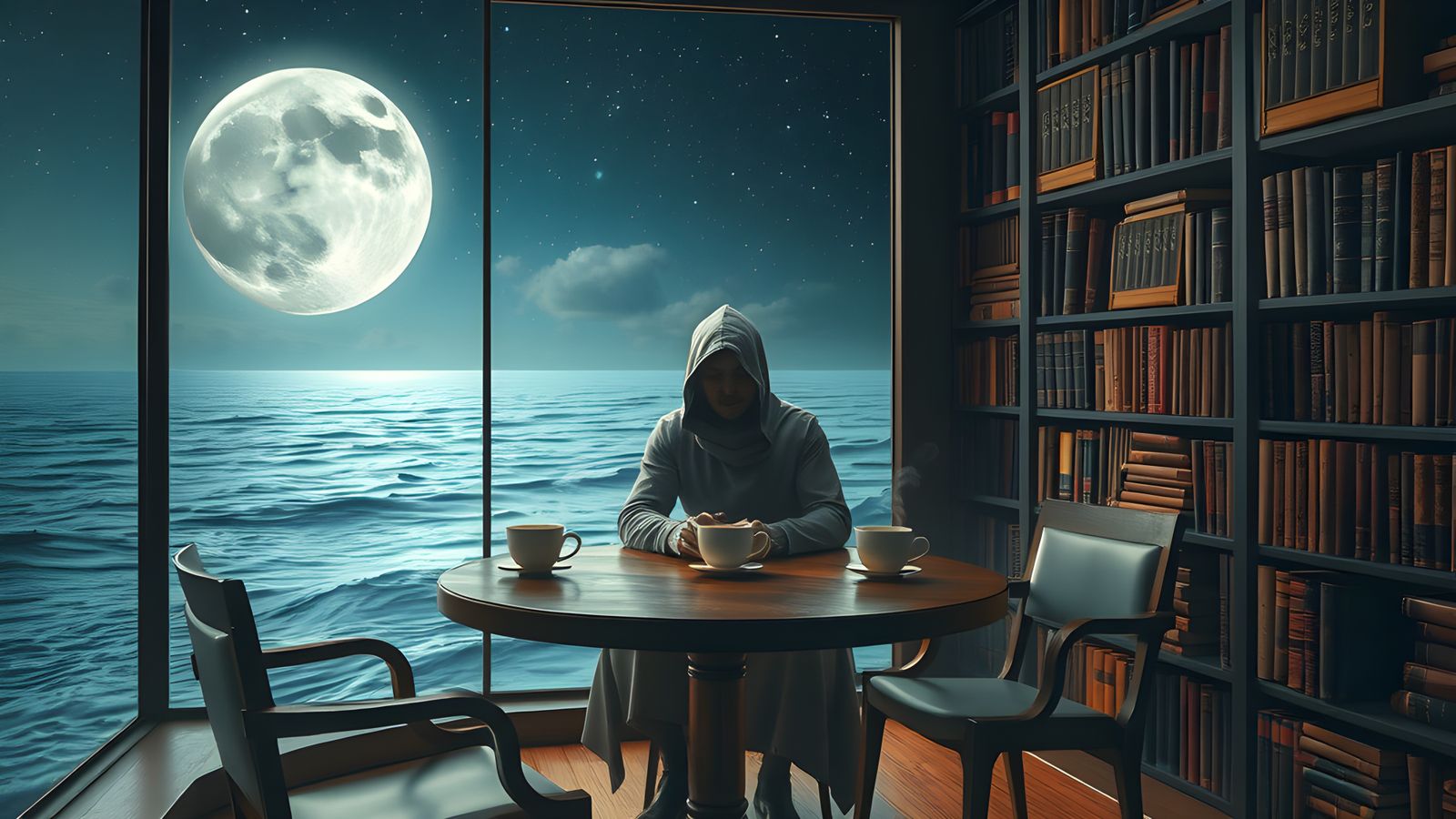 Surreal Night Cafe Scene in Hyper-Realistic Style