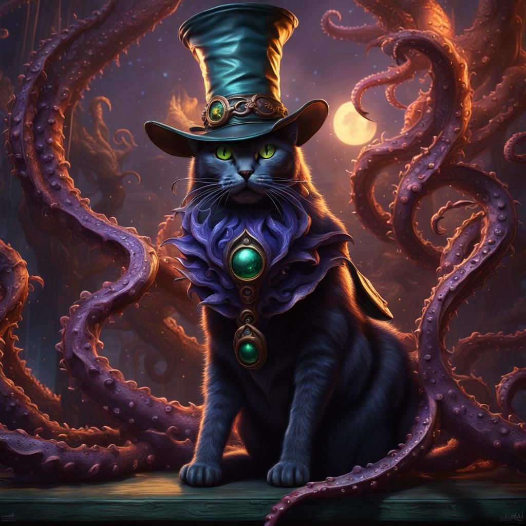 Lovecraftian Tentacle Cat Witch in Dark Fantasy Art
