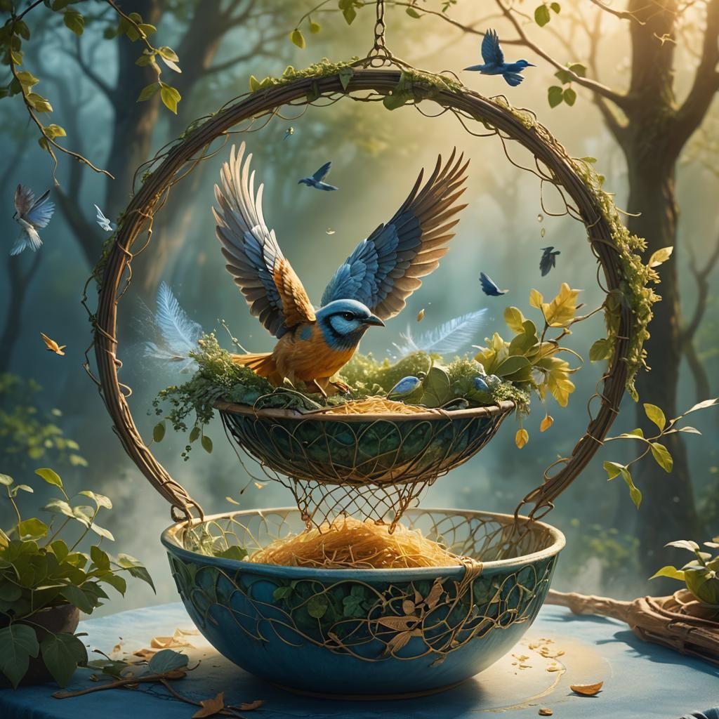 Charming Bird Falling into Safety Net: Fantasy Art