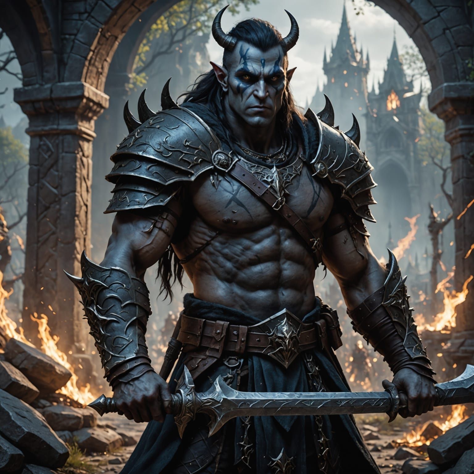 Dark Fantasy Barbarian Half Dark Elf in a Vivid, 8K Matte Pa...