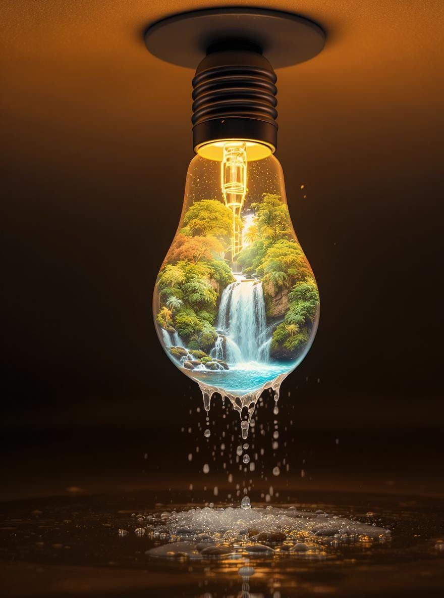 Surreal Waterfall Inside a Glowing Lightbulb