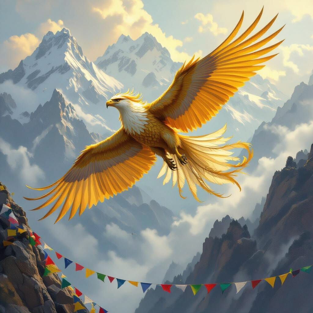 Griffin Soaring Over Misty Himalayan Peaks
