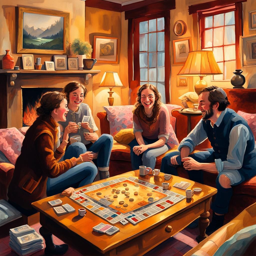 Friends Gather Around Game, Gouache Impressionist Painting