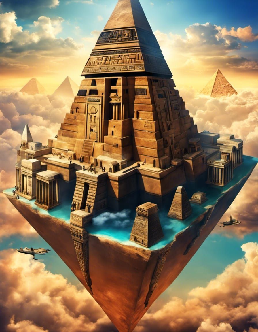 Surreal Floating Egyptian City with Upside Down Pyramid