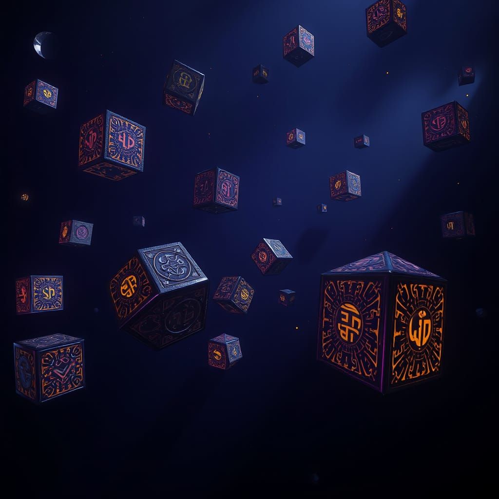 Surreal Black Void with Geometric Blocks in Ethereal Glow