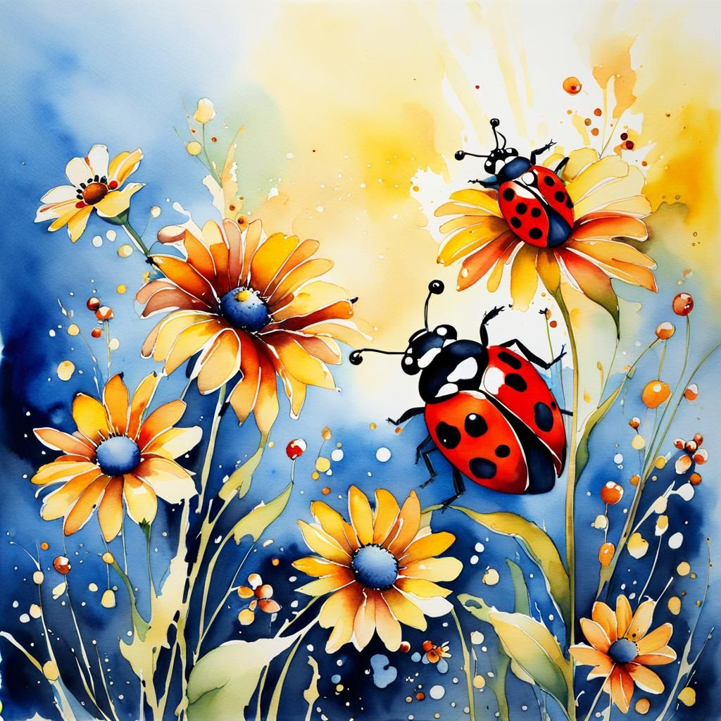 Watercolor Ladybugs and Flowers in Sunlight