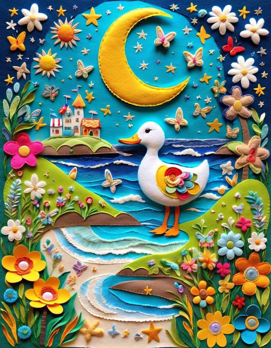 Felt Art Giant Moon Over Colorful Meadow and Beach