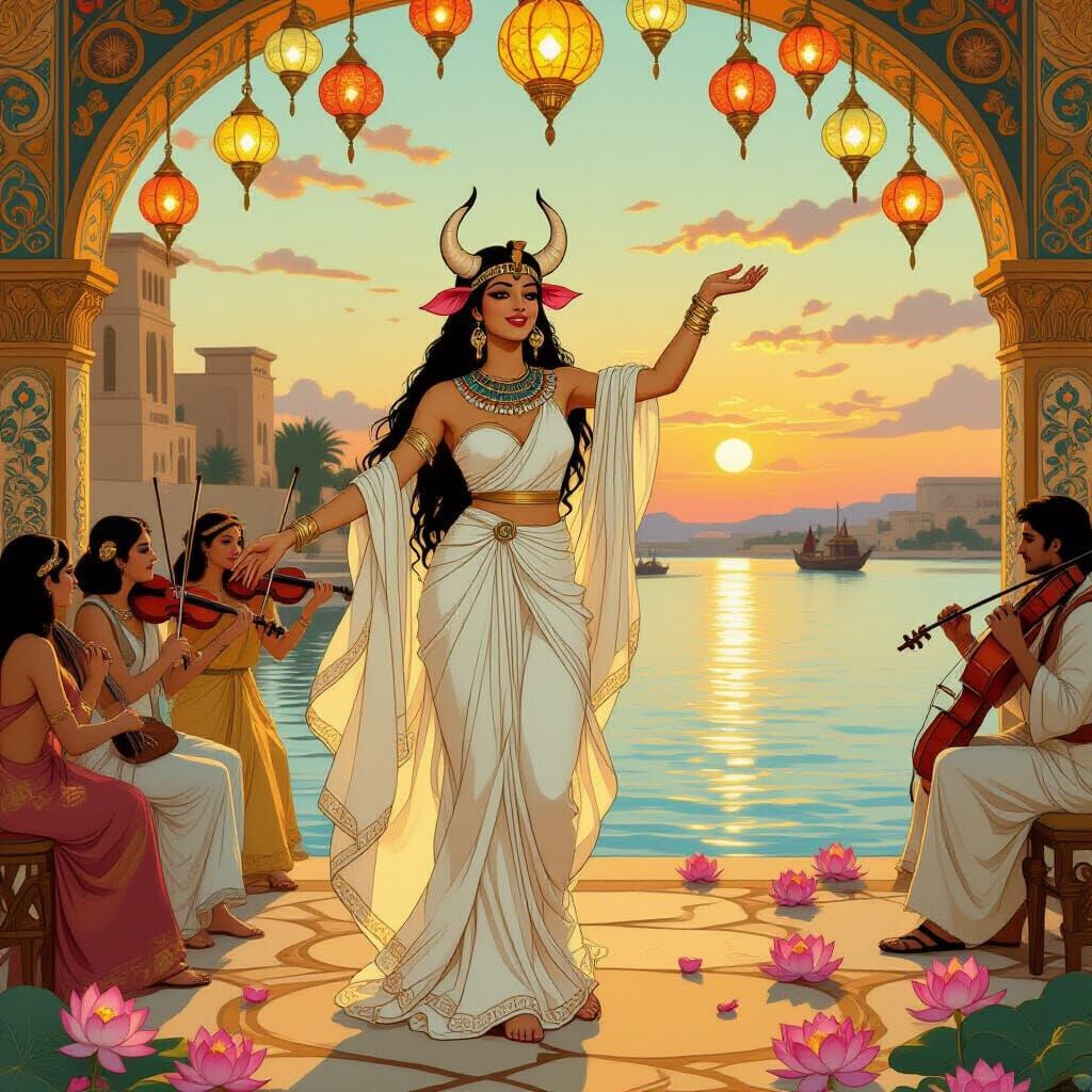 Hathor Celebrates at Philae Temple in Art Nouveau Style