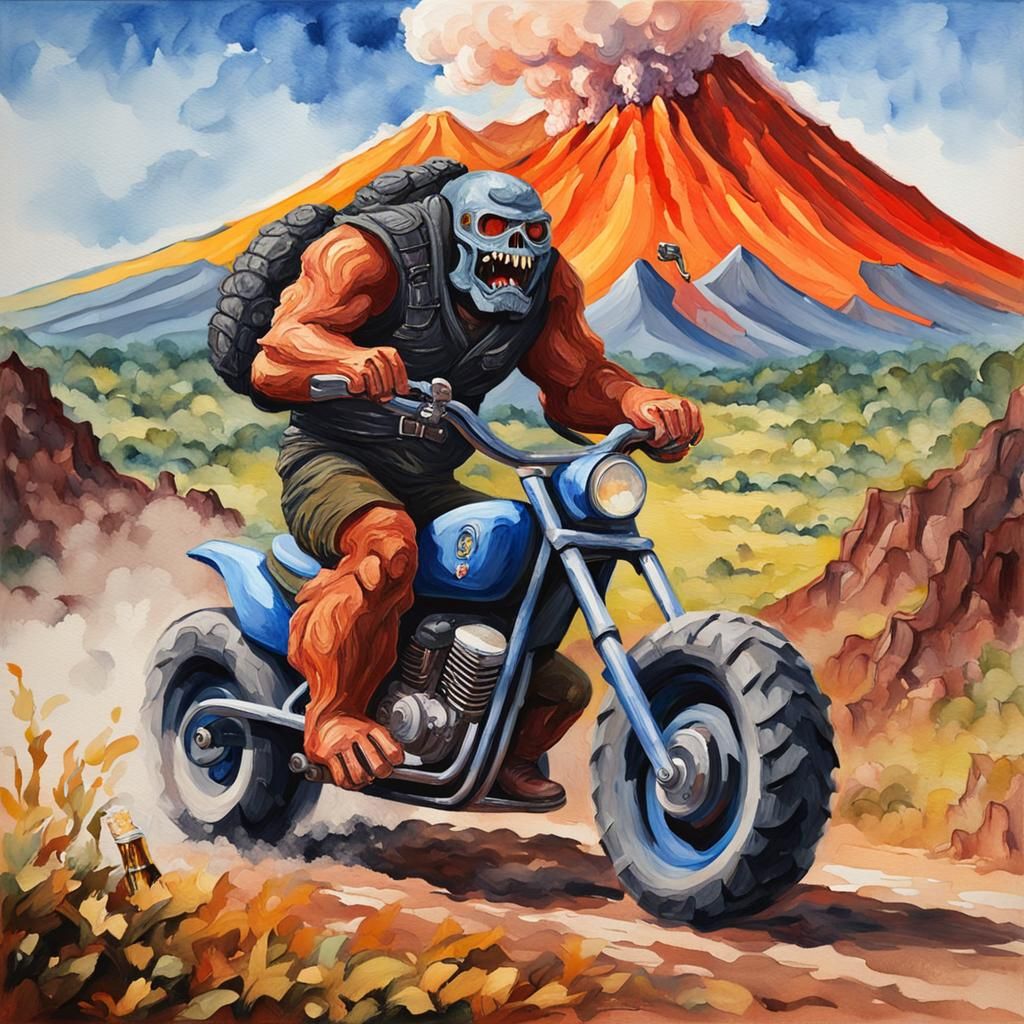 Monster Motorcycle and Beer Rider in Gouache Watercolor