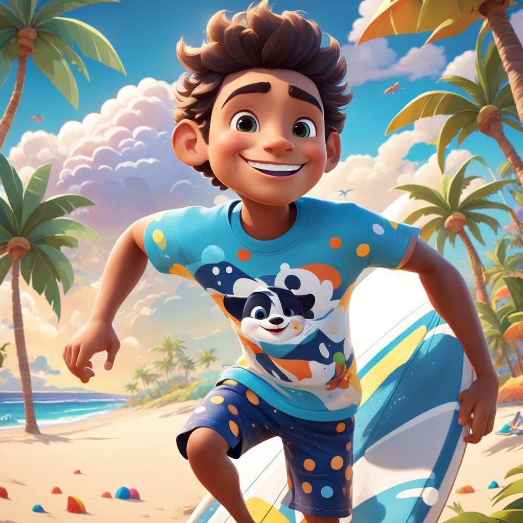 Cheerful Boy Rides Wave in Vibrant Tropical Paradise