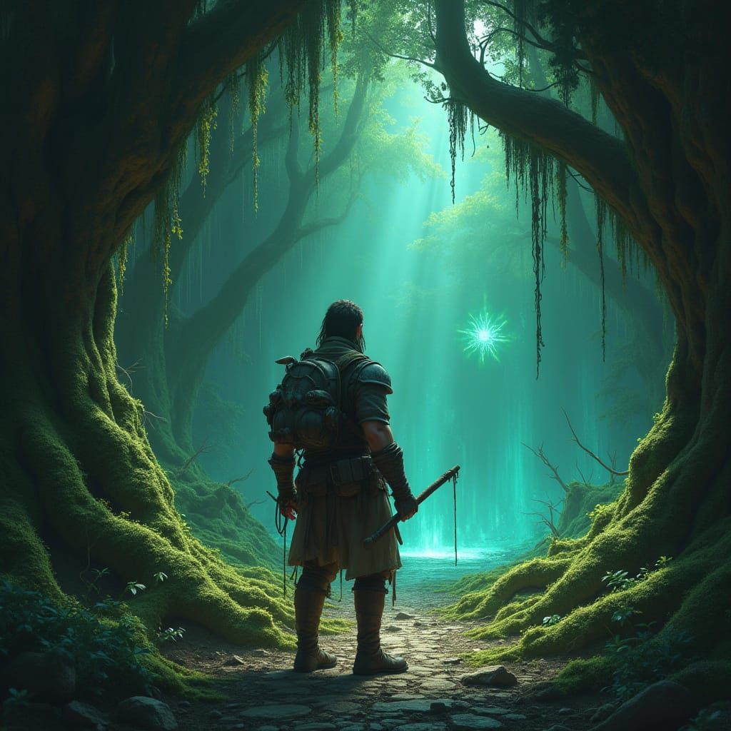 Dystopian Adventurer Stands at Ancient Cavern Entrance