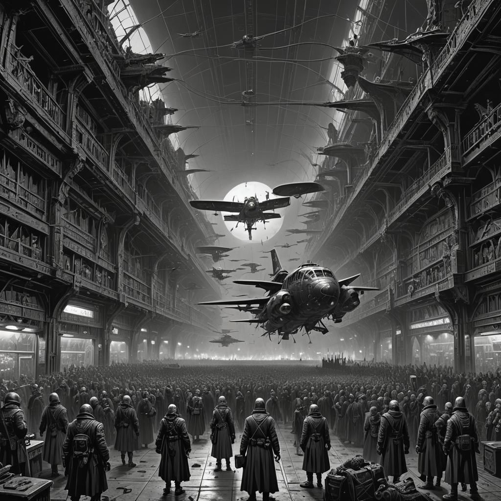 Warhammer 40k: Horrific Airport in Dark Engraving Style