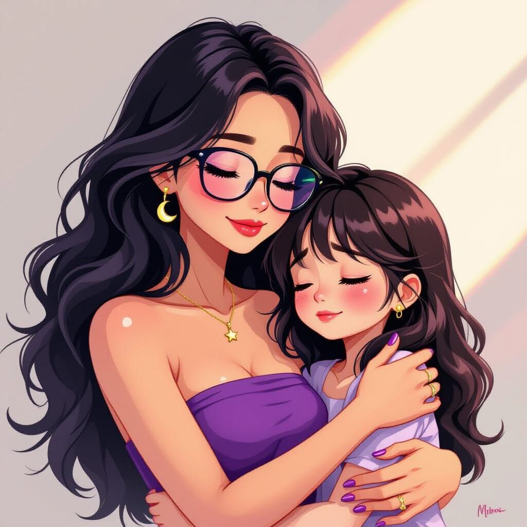Comforting Embrace: Asian Woman in Miyazaki-Inspired Style