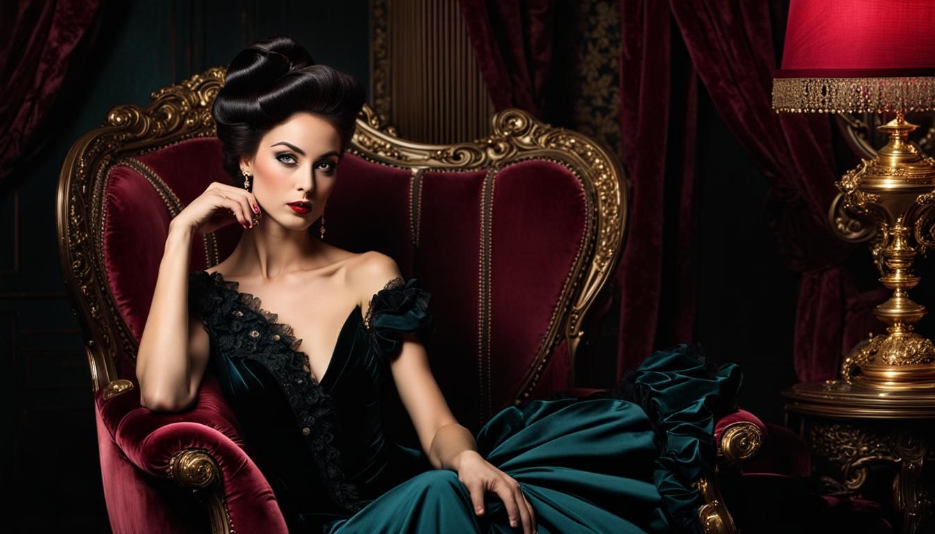 Elegant Woman with Fan in Dark Parlor