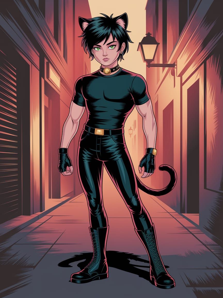Edgy Youthful Catboy in Neon Alleyway