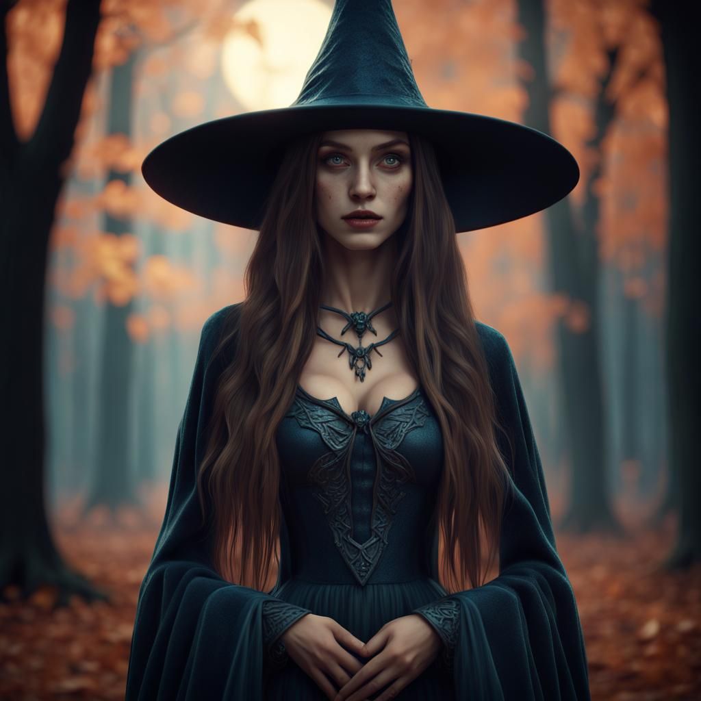 Young Halloween Witch in the Woods: Fantasy Art