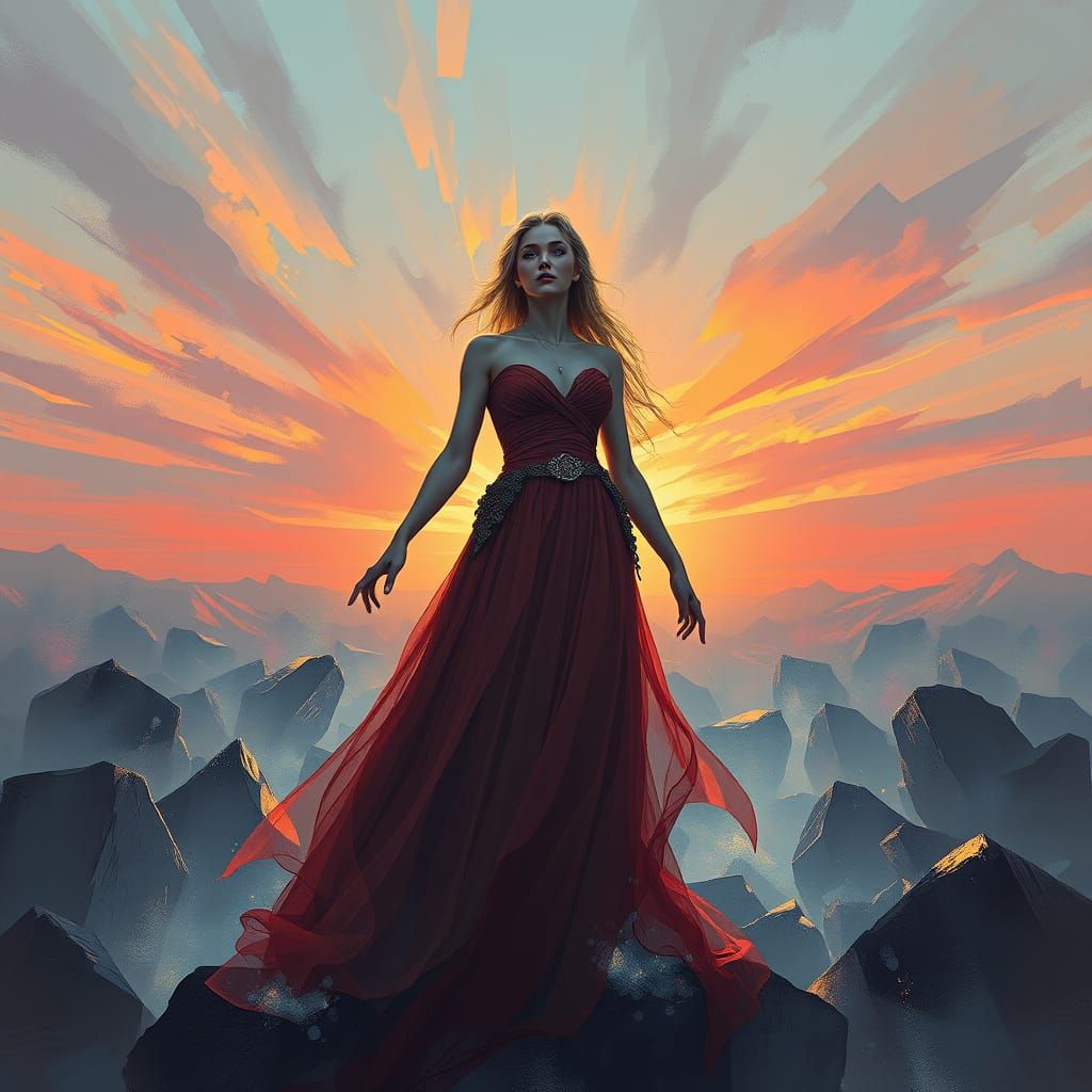 Surreal Goddess Rises from Ashes in Vibrant Sunrise