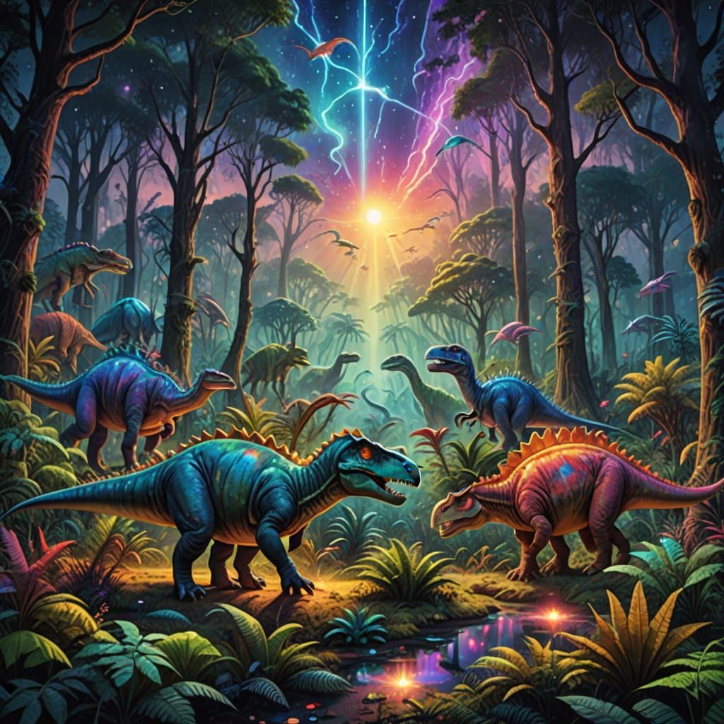 Cosmic Dinosaurs in Vibrant Mixed Media Style