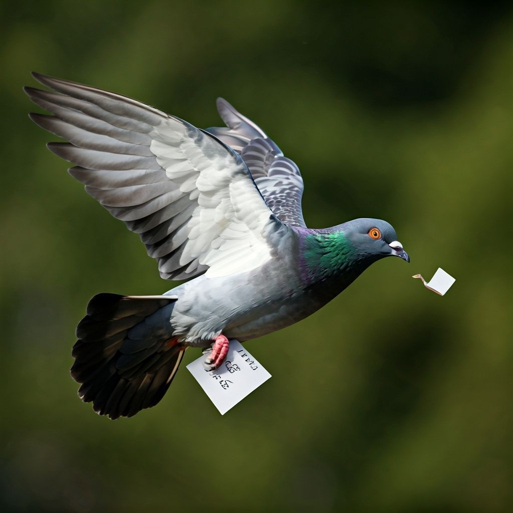 A passenger pigeon flying thru the air with a tiny note atta...