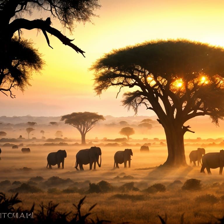 Elephants in African Savannah at Dawn: Digital Matte Paintin...