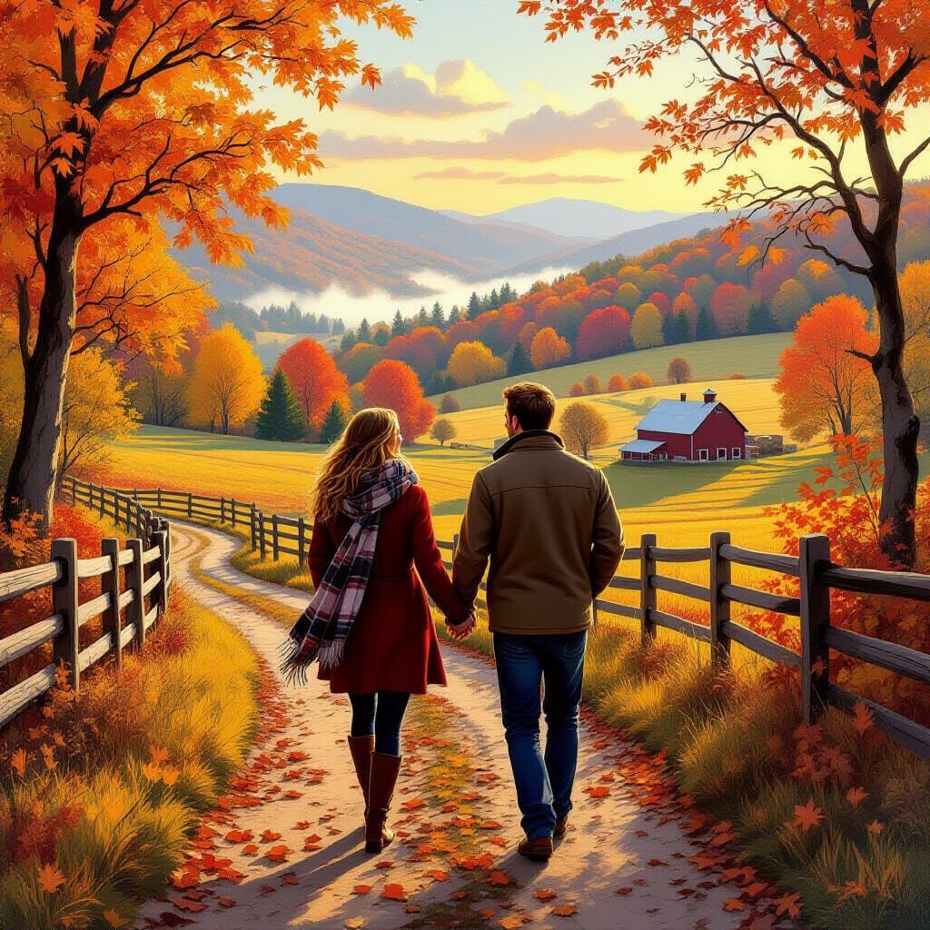 Couple Strolling Through Autumn Landscape, Romantic Style