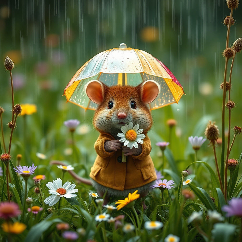 Mouse with Daisy Umbrella in Hyper-Realistic Meadow