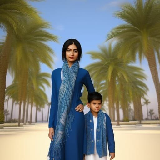 Impressionist Painting of Woman and Boy by Palms