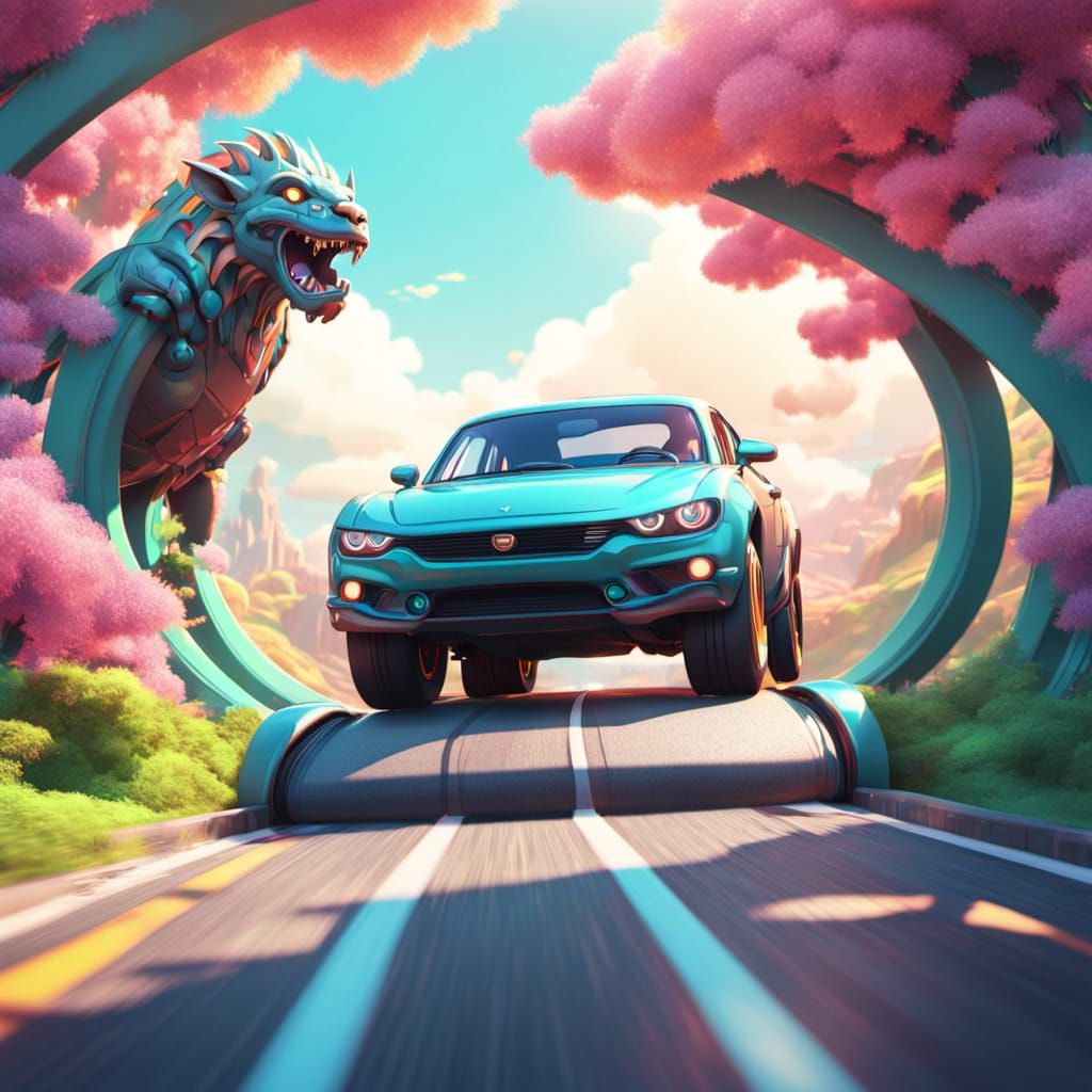 Cartoon Chimera Car on Bridge in 3D Animation