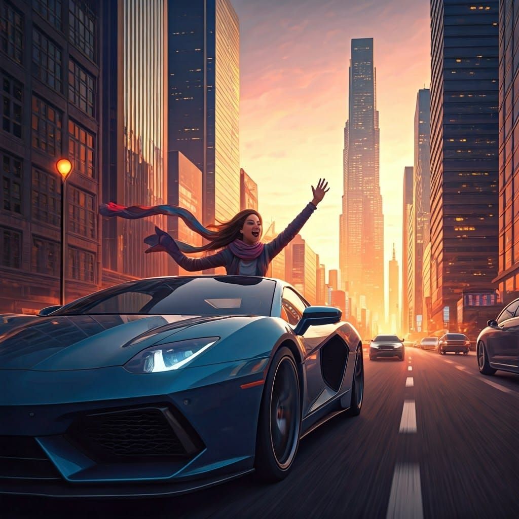 Woman Shouting from Car in Vibrant City, Digital Painting
