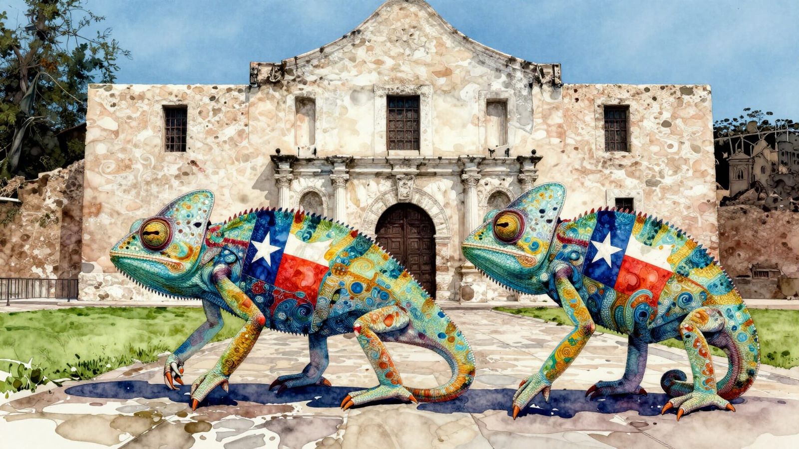 Drowsy Chameleons at the Alamo in Alcohol Ink Style