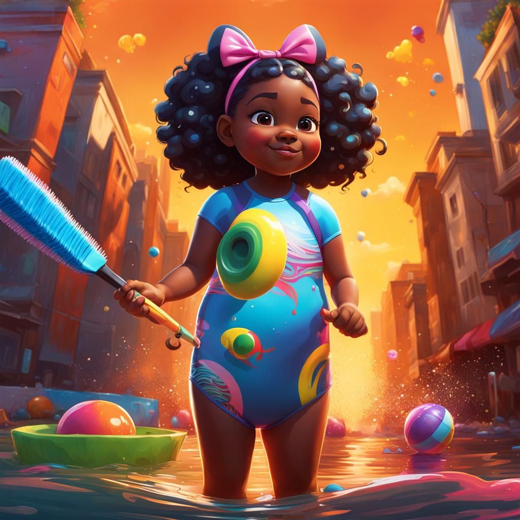 Cute Black Girl Swimming, Graffiti Splash Art Style