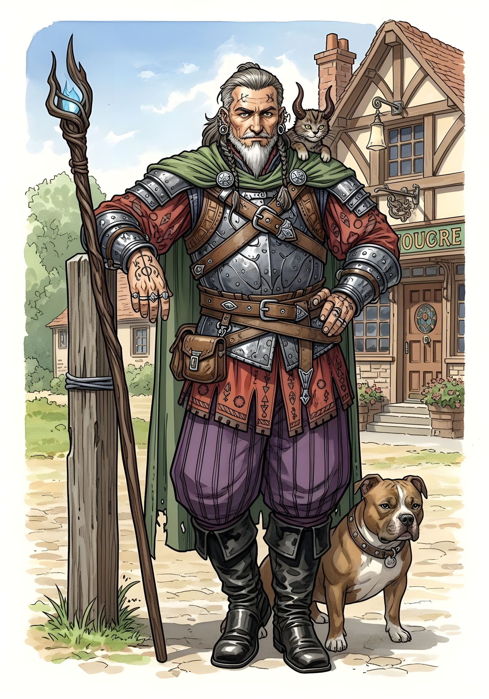 Medieval Wizard with Cat and Dog in Watercolor Style