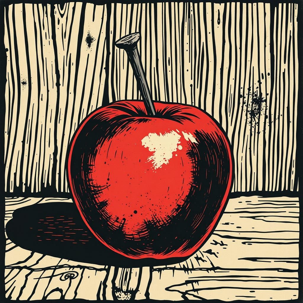 Carpenter's Nail Emerges from a Gnarled Apple in a Vintage W...