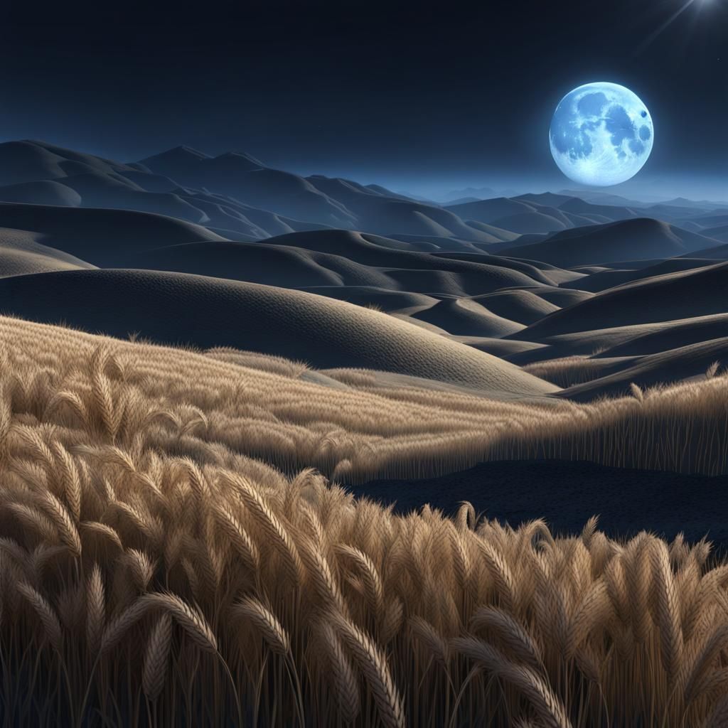 Silver Wheat Fields Under Blue Moon, Hyperrealistic Art