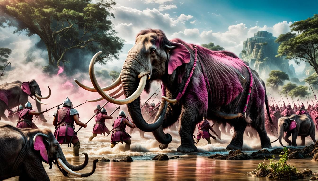 Pink War Mammoth in Battle: Prehistoric Fantasy