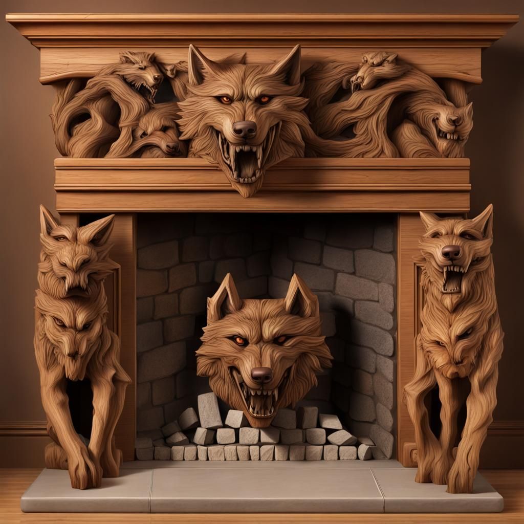Wolf Head Wood Carvings on Fireplace