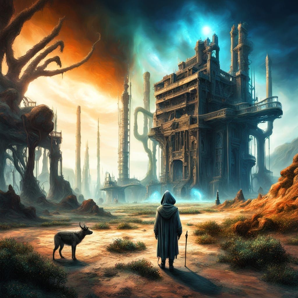 Bioluminescent Tree and Cloaked Figure in Sci-Fi Landscape