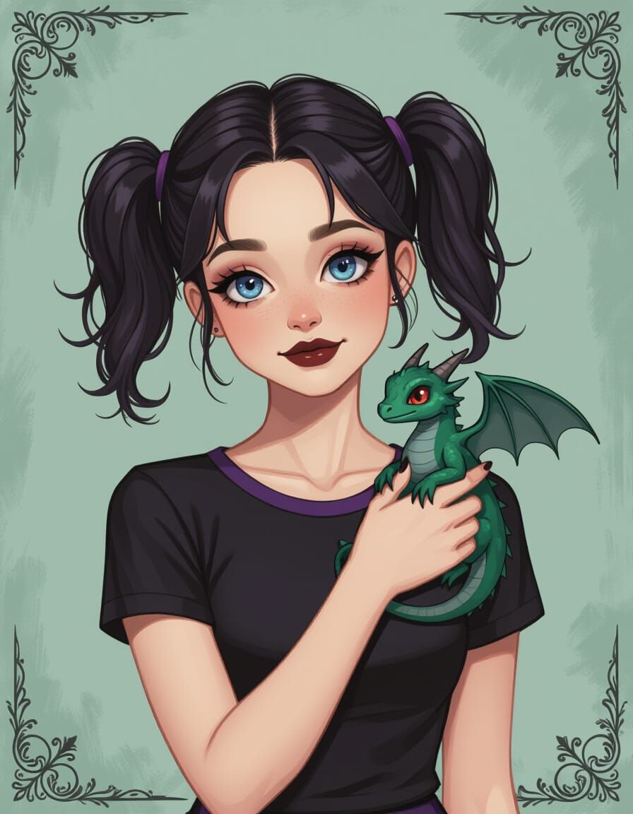 Goth Girl with Dragon in Comic Book Style